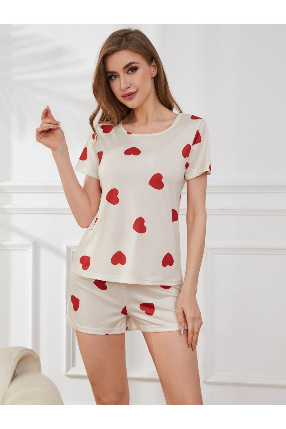 Heart Round Neck Top and Shorts Lounge Set