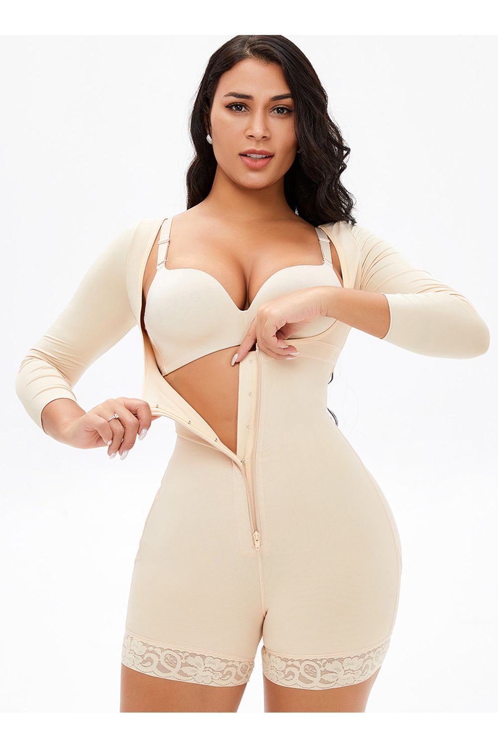 Full Size Zip Up Lace Detail Long Sleeve Shapewear