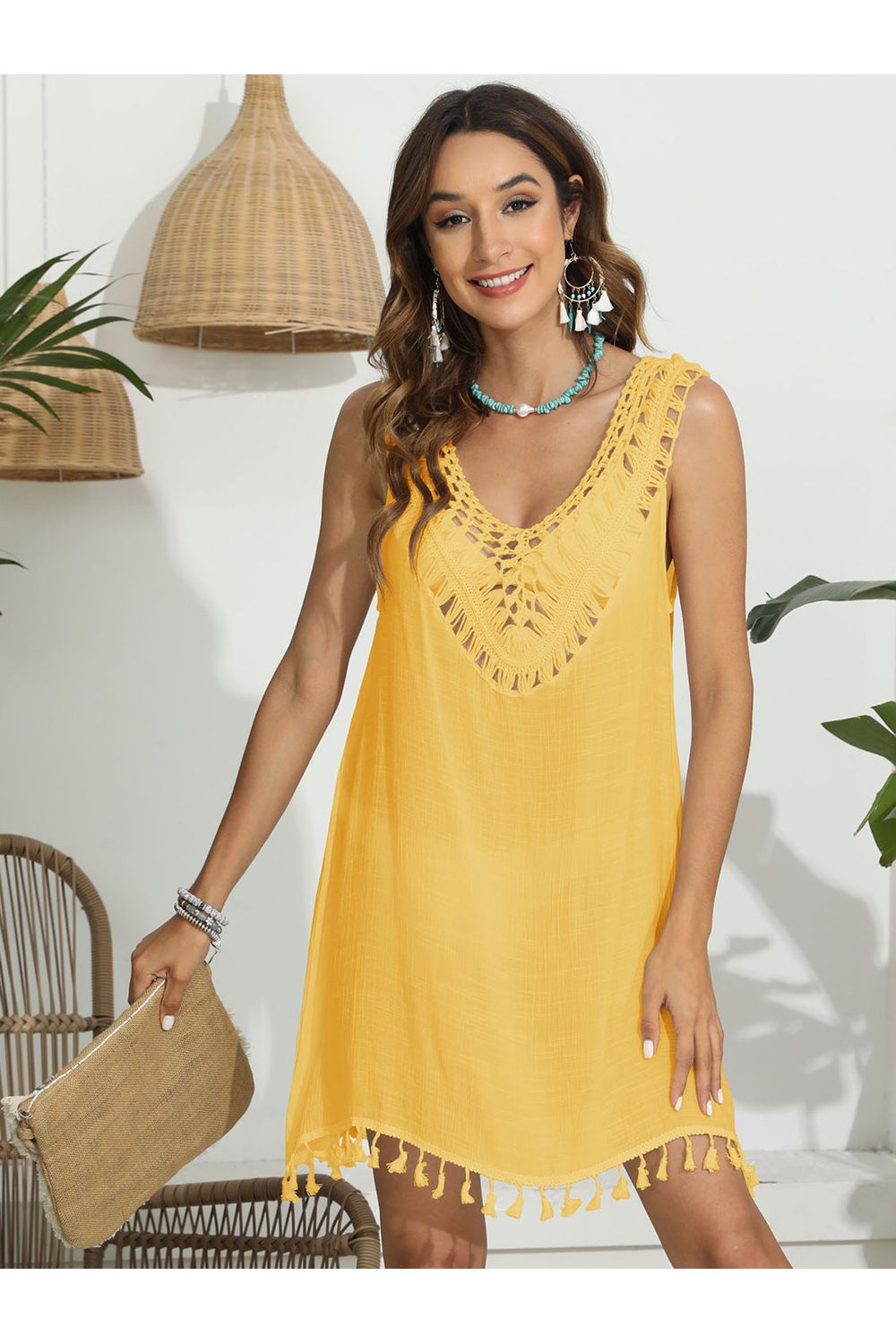 Tassel Scoop Neck Wide Strap Cover-Up