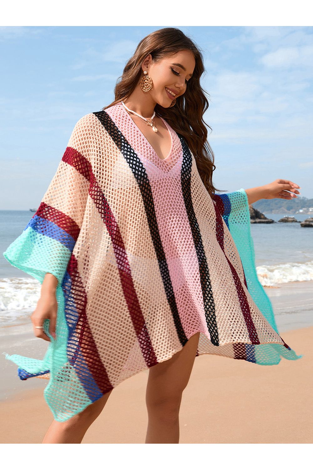 Openwork Color Block Plunge Cover-Up