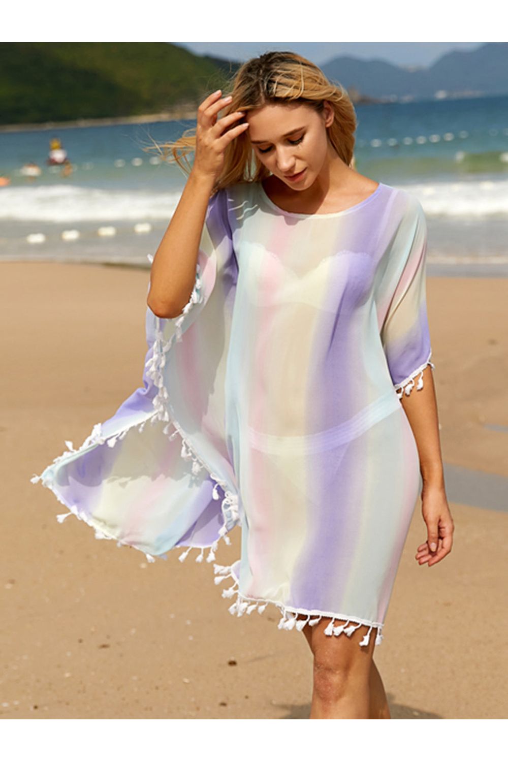 Tassel Boat Neck Half Sleeve Cover Up