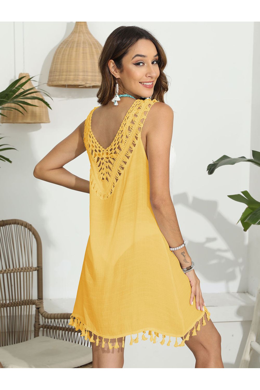 Tassel Scoop Neck Wide Strap Cover-Up