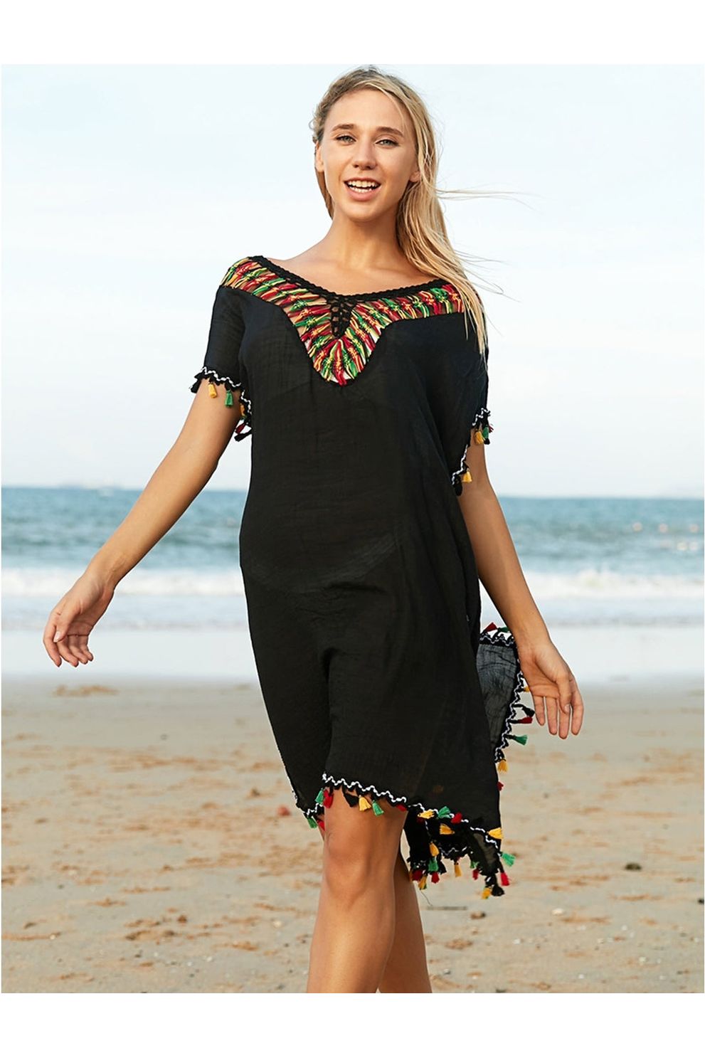 Tassel V-Neck Short Sleeve Cover Up