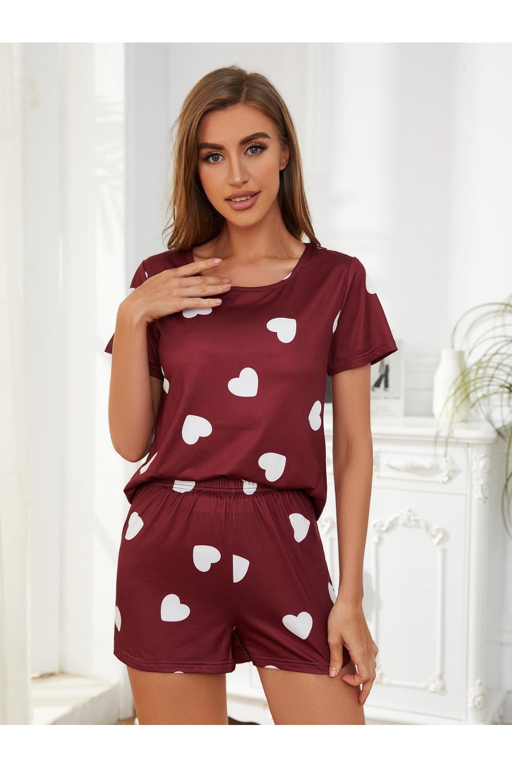 Heart Round Neck Top and Shorts Lounge Set