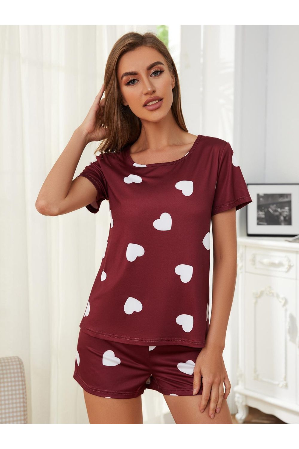 Heart Round Neck Top and Shorts Lounge Set