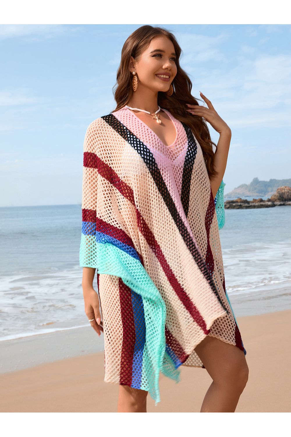 Openwork Color Block Plunge Cover-Up