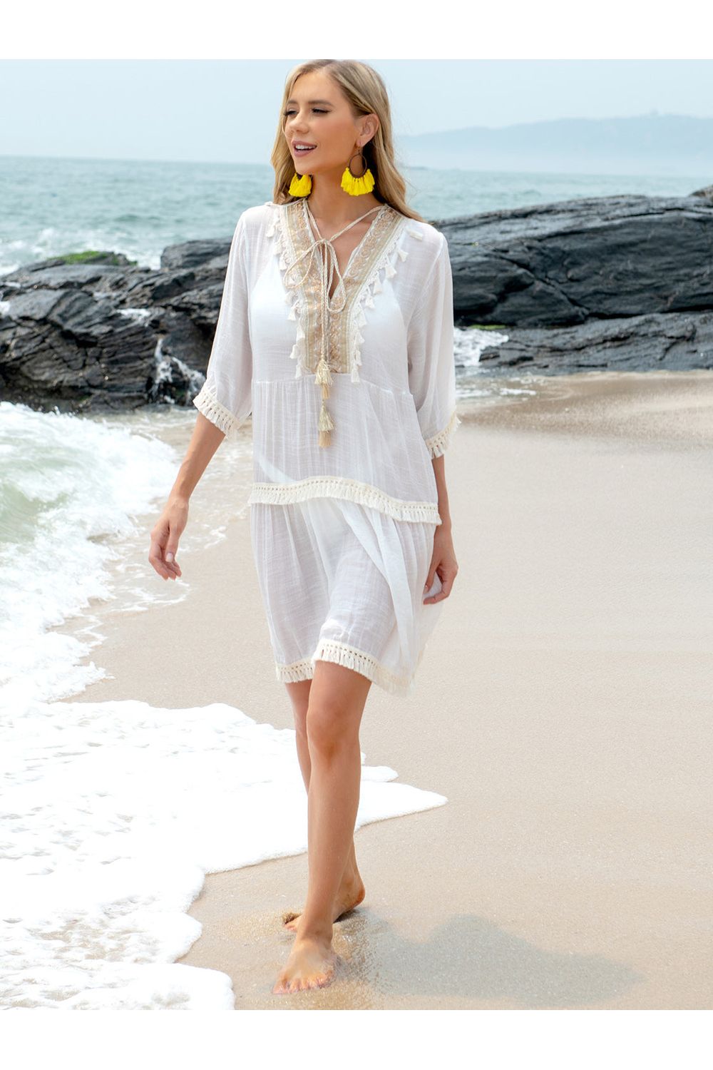 Tassel Lace Detail Half Sleeve Cover-Up Dress