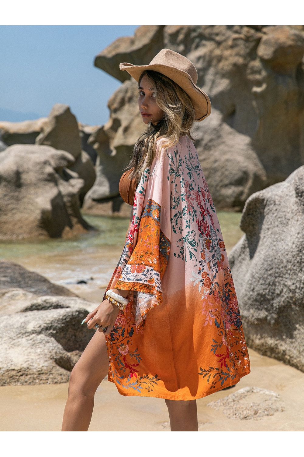 Printed Open Front Long Sleeve Cover-Up