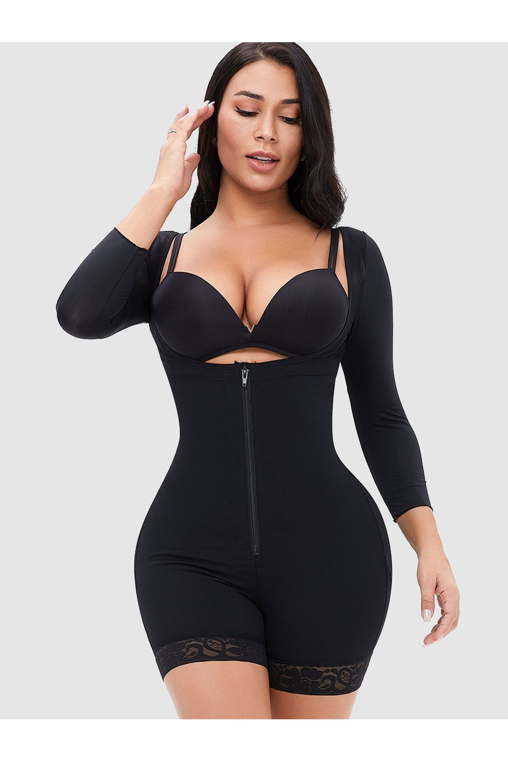 Full Size Zip Up Lace Detail Long Sleeve Shapewear