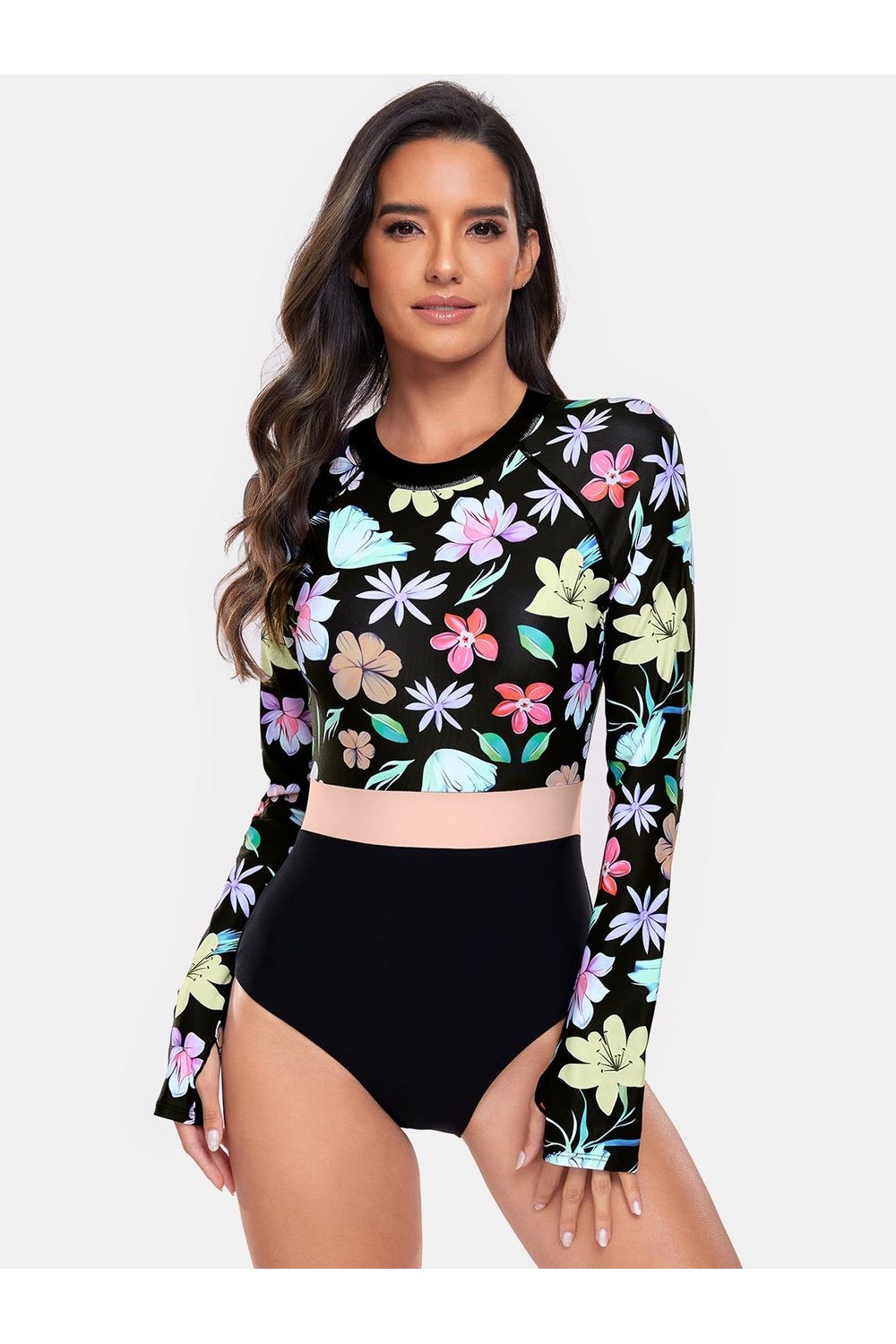 Flower Round Neck Long Sleeve One-Piece Swimwear