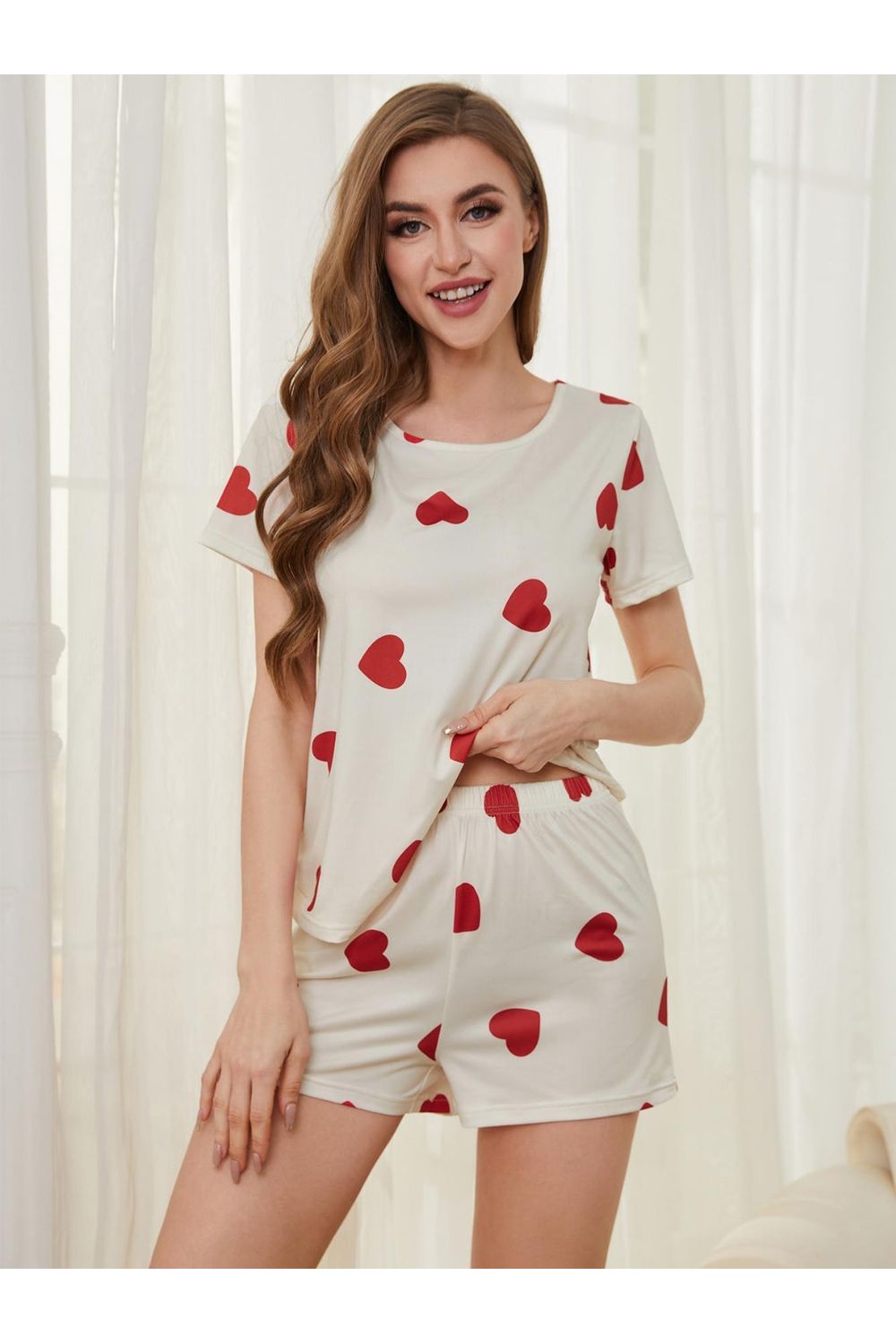 Heart Round Neck Top and Shorts Lounge Set