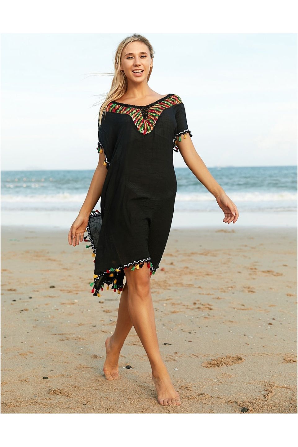 Tassel V-Neck Short Sleeve Cover Up