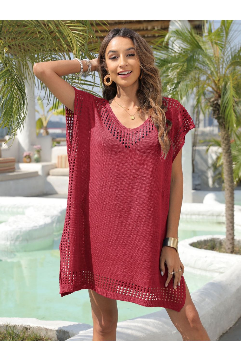 Slit Openwork V-Neck Cover-Up