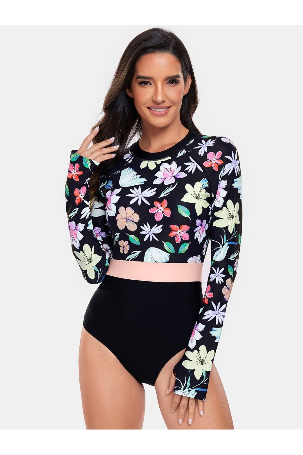 Flower Round Neck Long Sleeve One-Piece Swimwear