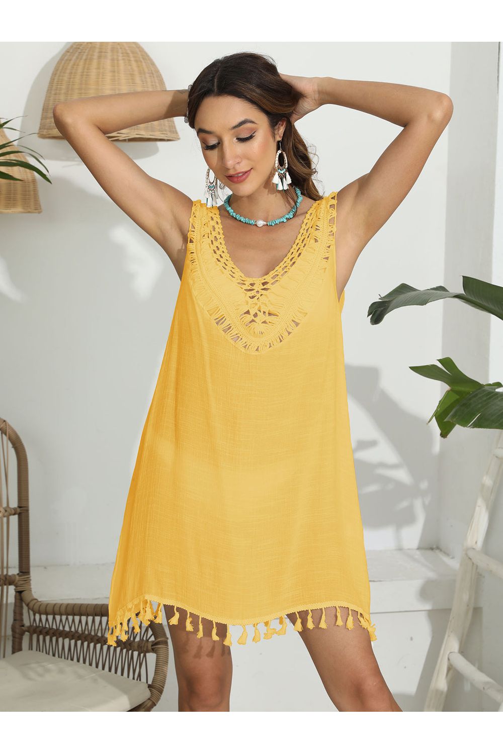 Tassel Scoop Neck Wide Strap Cover-Up