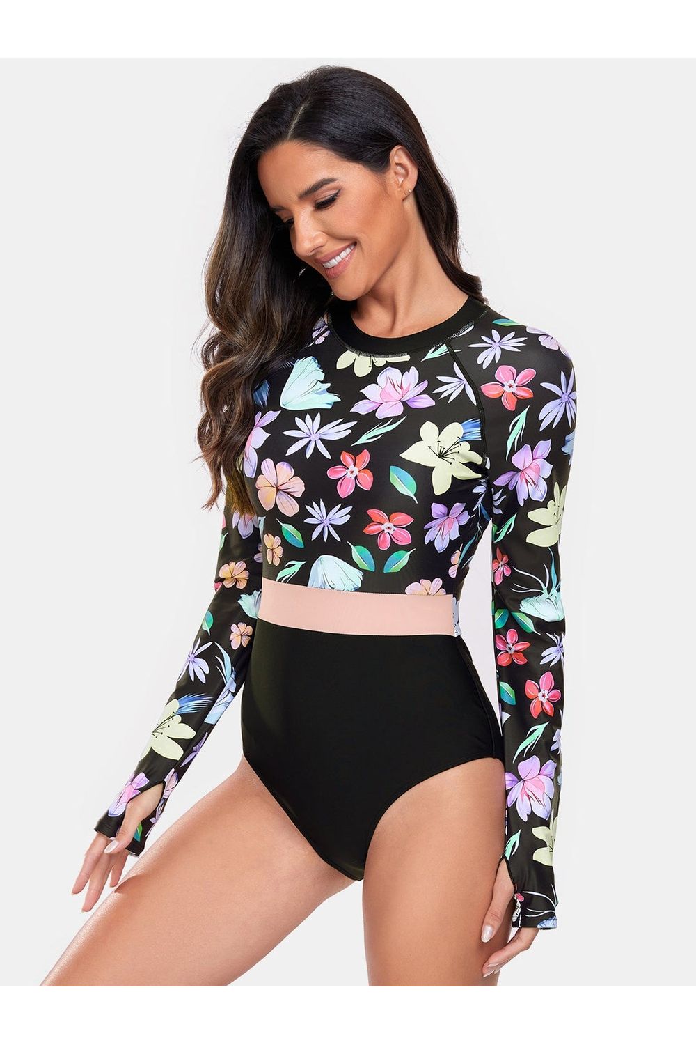 Flower Round Neck Long Sleeve One-Piece Swimwear