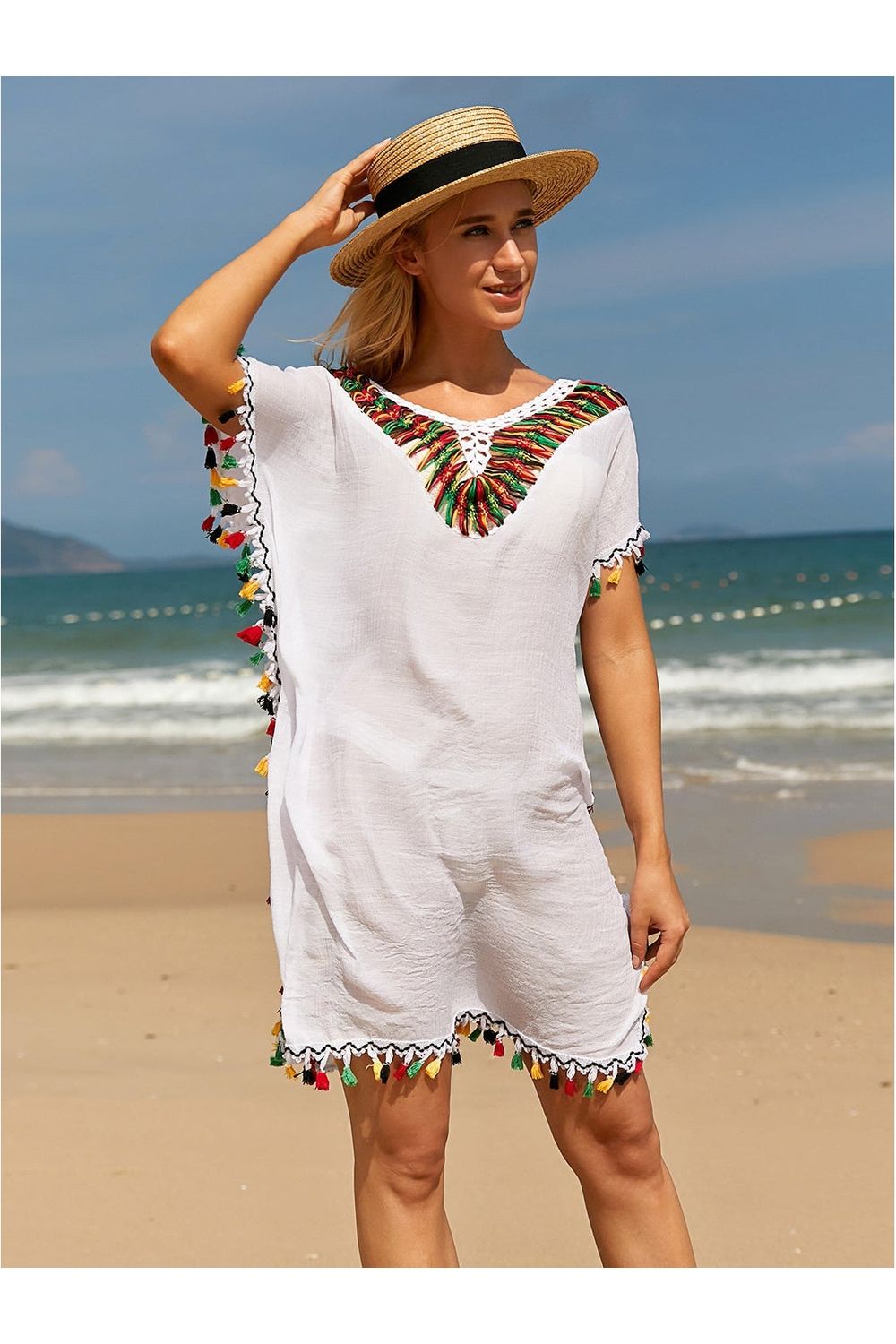 Tassel V-Neck Short Sleeve Cover Up