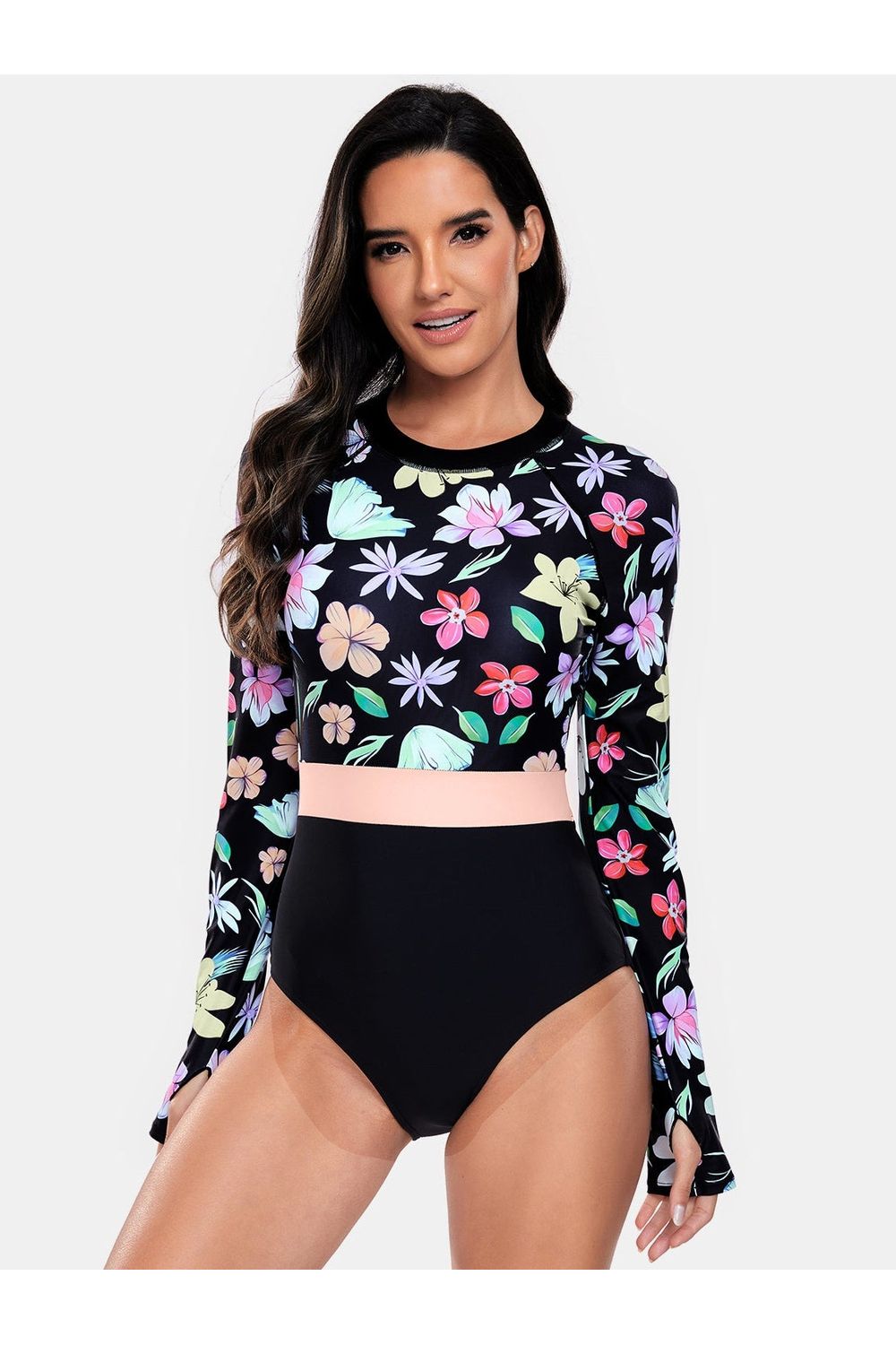 Flower Round Neck Long Sleeve One-Piece Swimwear