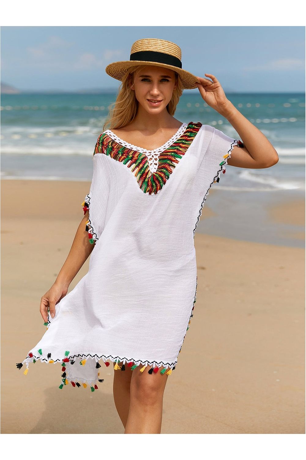 Tassel V-Neck Short Sleeve Cover Up