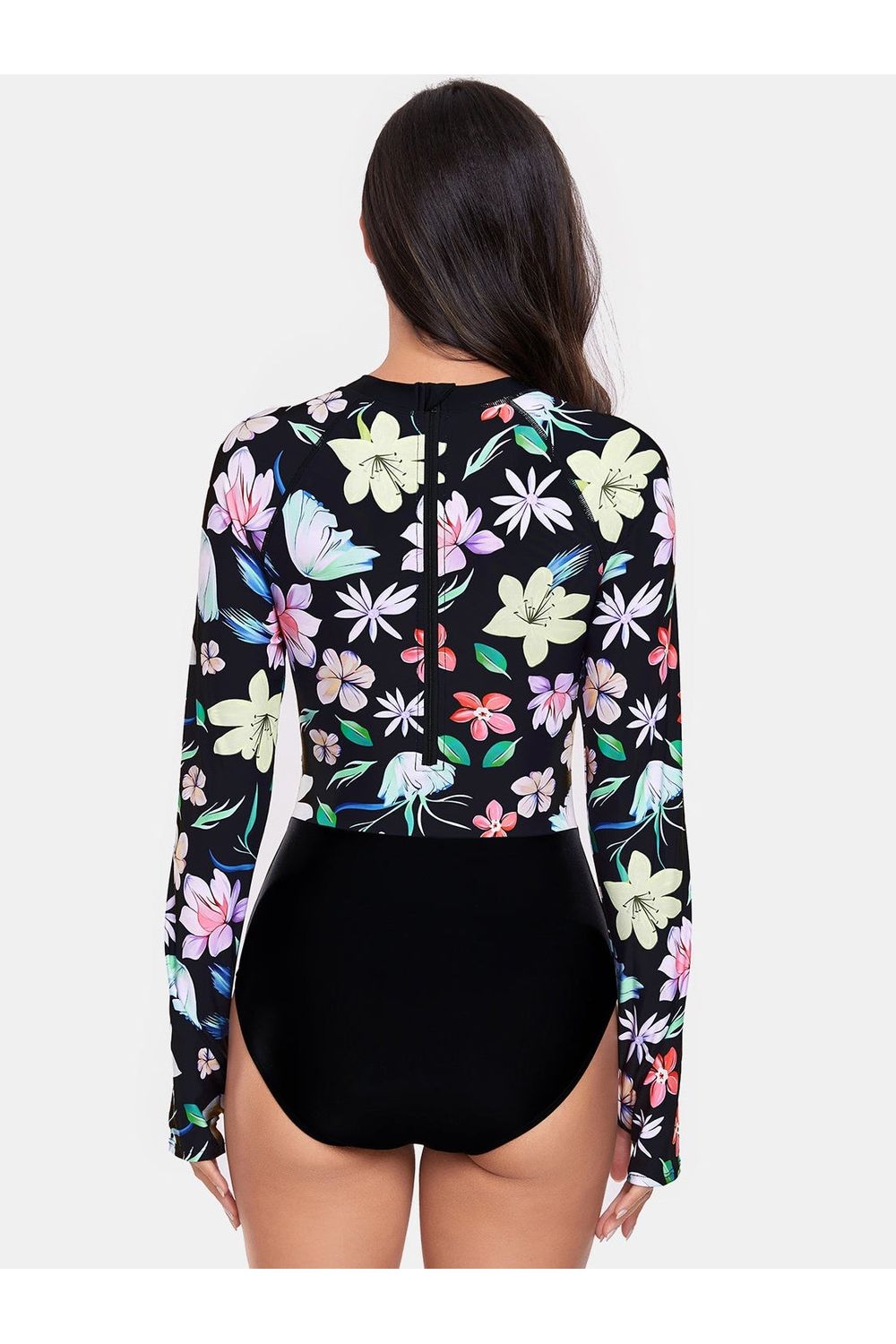 Flower Round Neck Long Sleeve One-Piece Swimwear