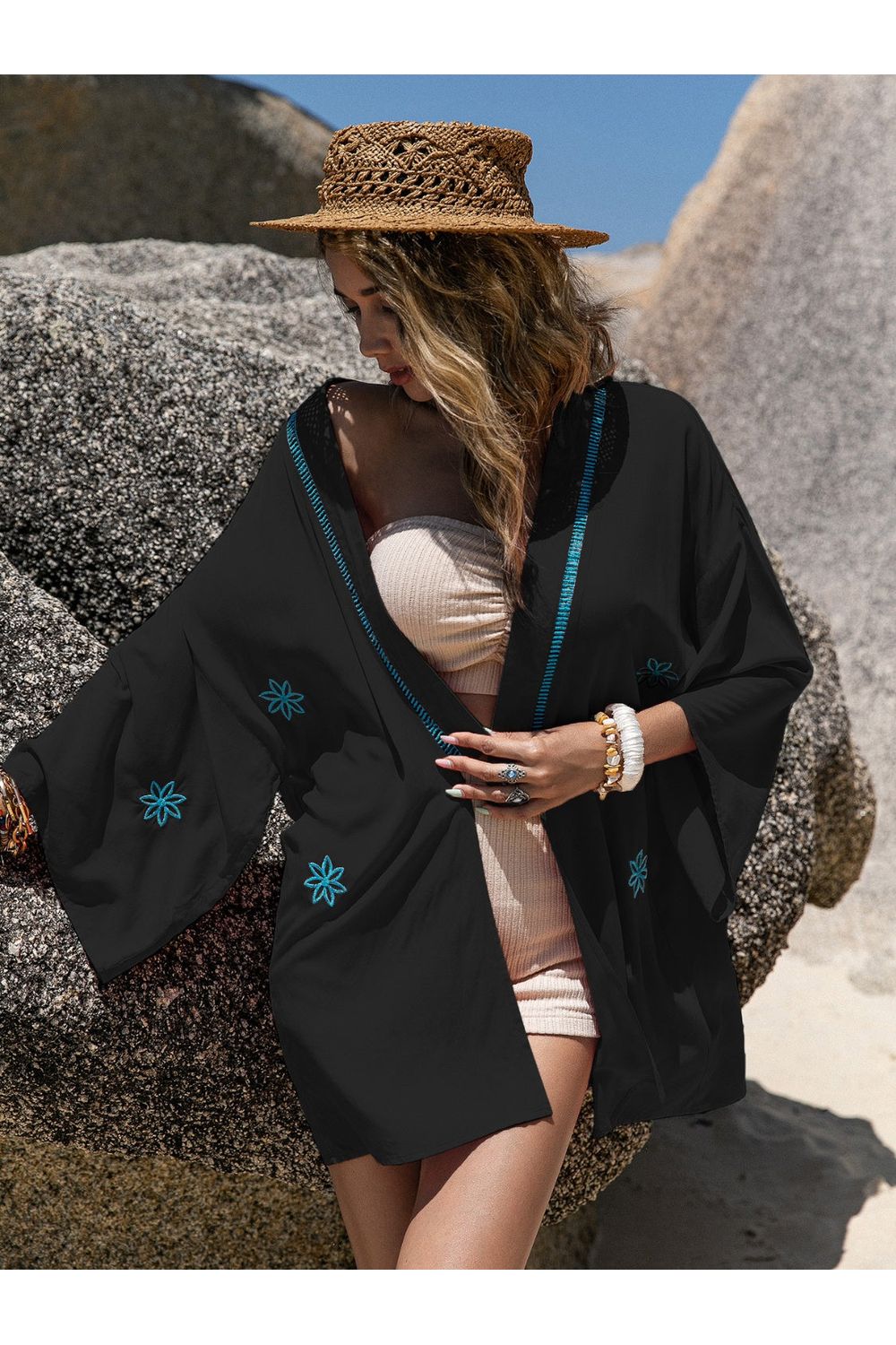 Embroidered Open Front Long Sleeve Cover Up