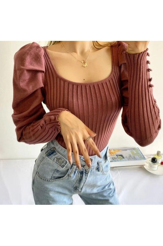 Puff Sleeve Knitted Bodysuits Overalls