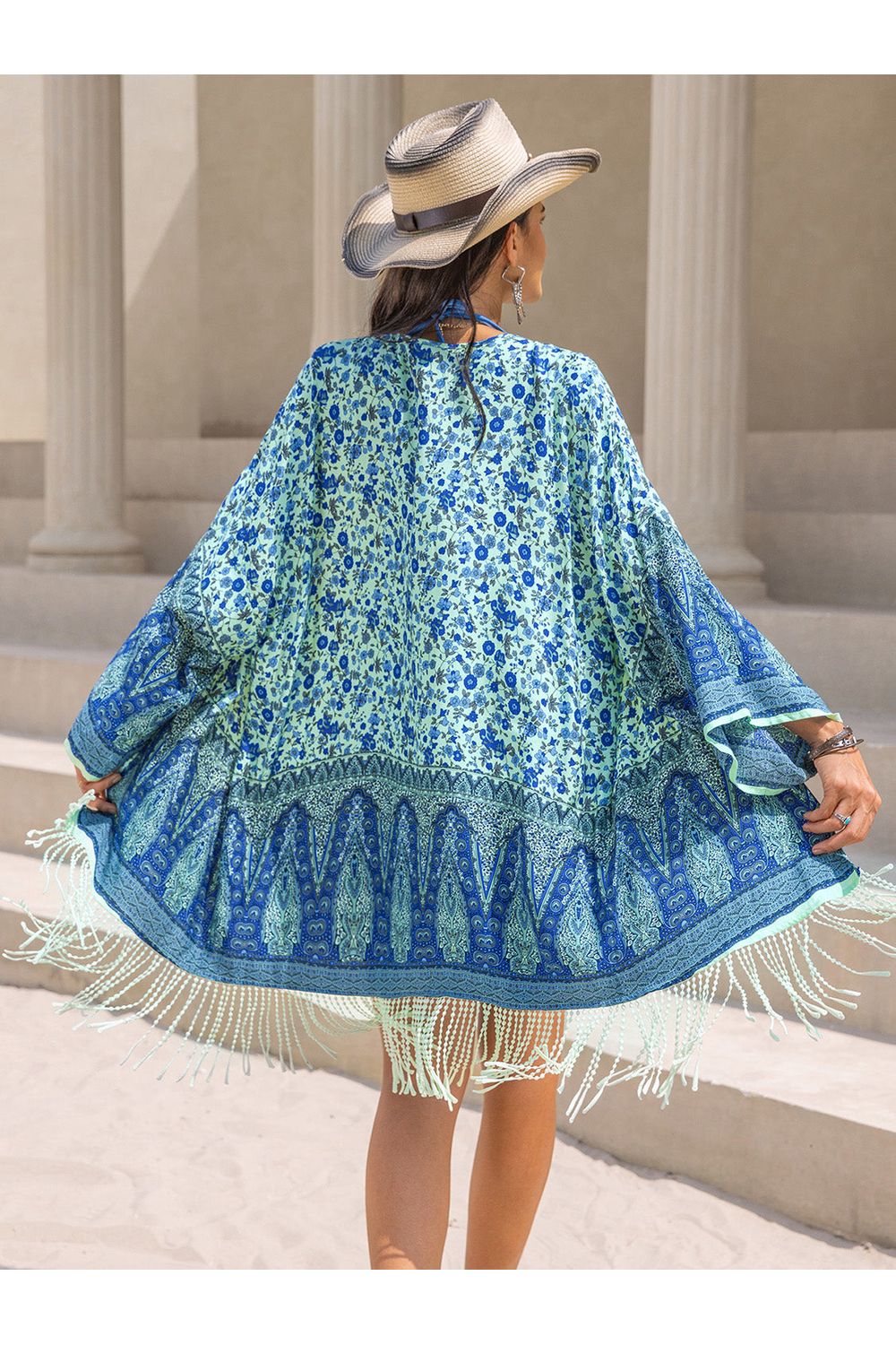 Fringe Printed Open Front Cover-Up