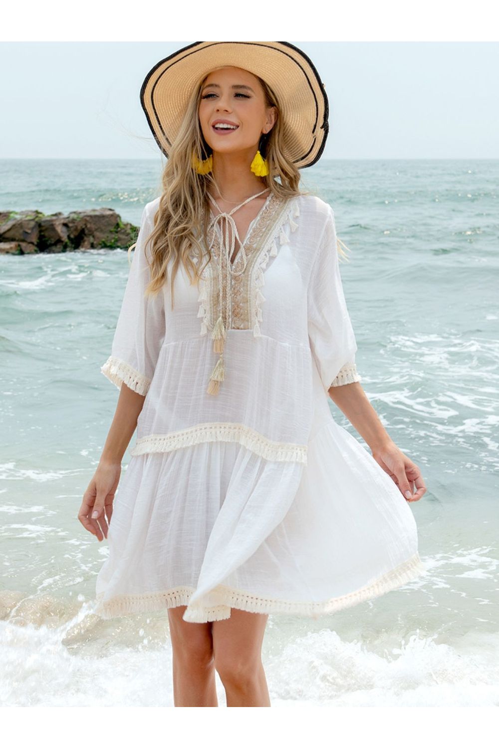 Tassel Lace Detail Half Sleeve Cover-Up Dress