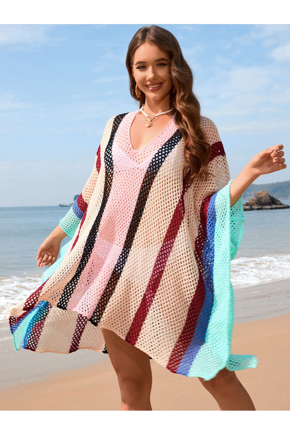 Openwork Color Block Plunge Cover-Up