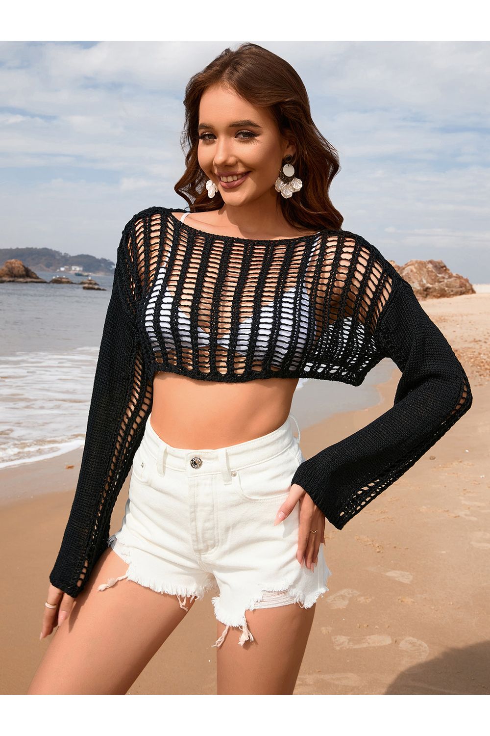 Openwork Boat Neck Long Sleeve Cover-Up