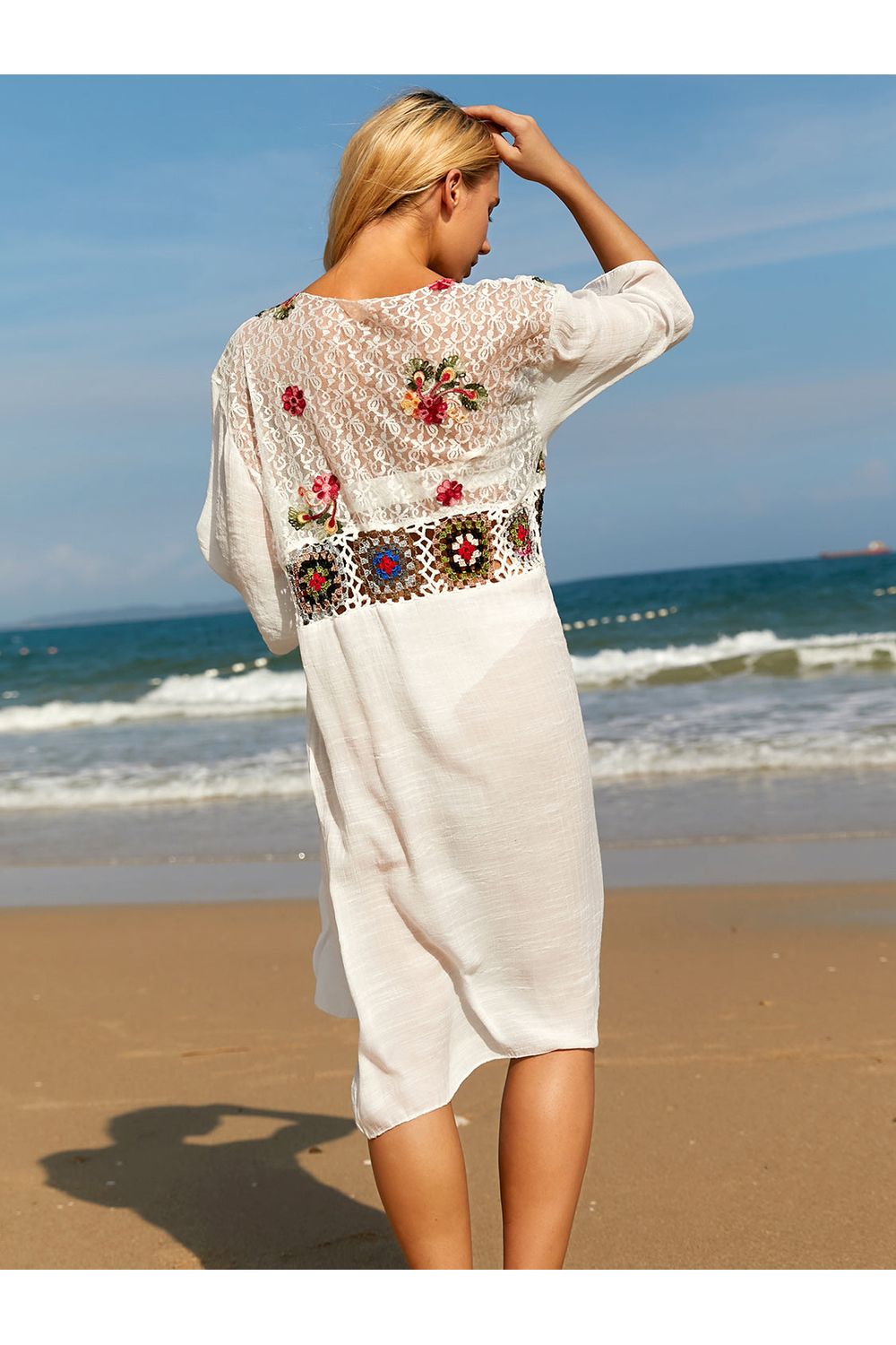 Tied Lace Three-Quarter Sleeve Cover-Up