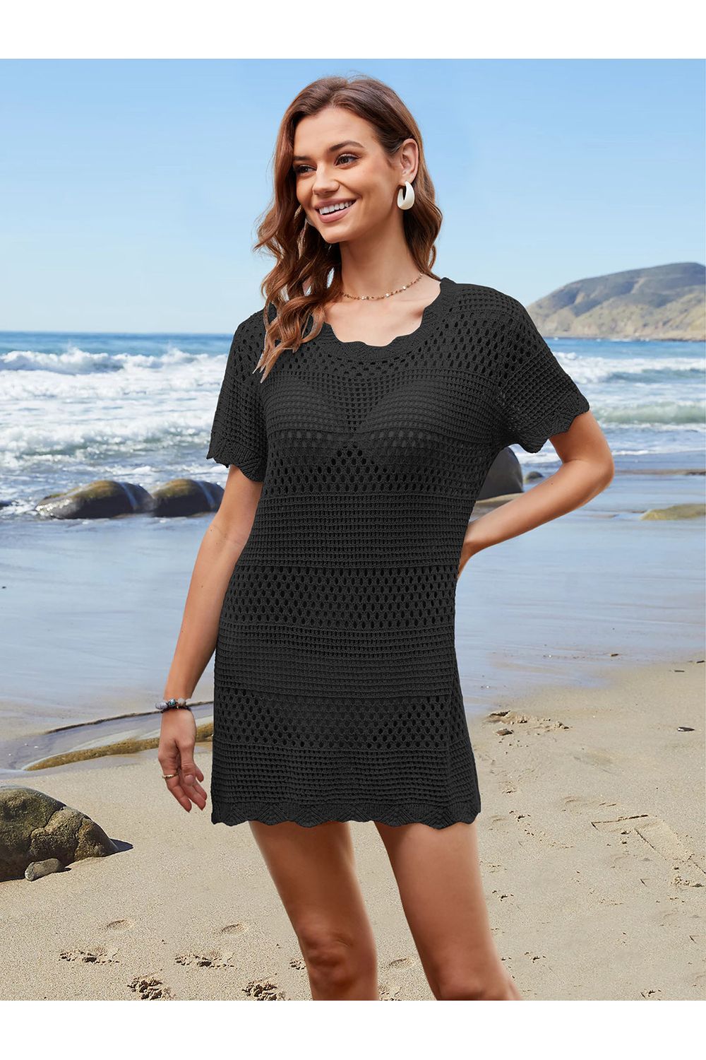 Openwork Round Neck Short Sleeve Cover-UP