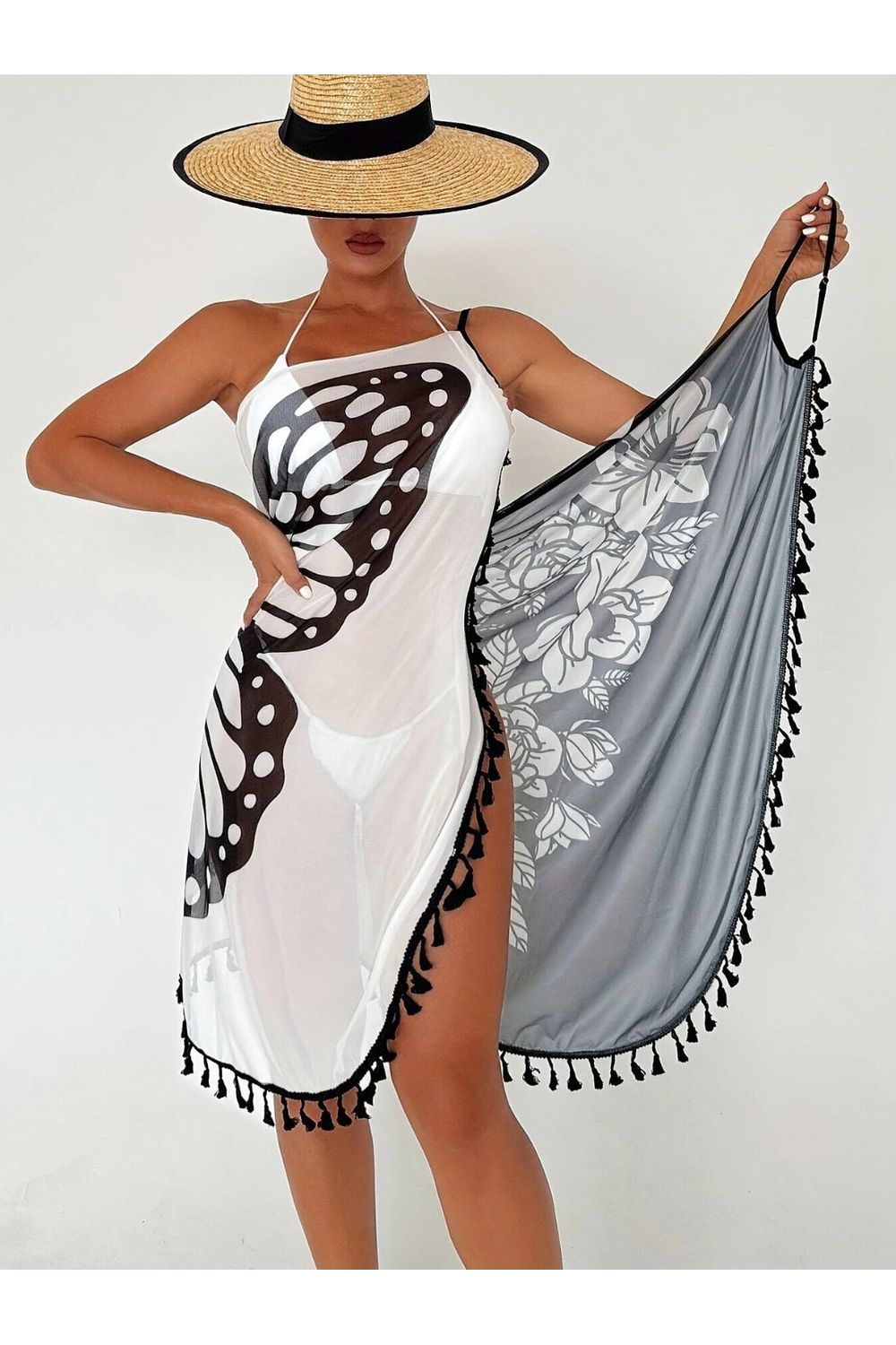 Tassel Printed Spaghetti Strap Cover Up