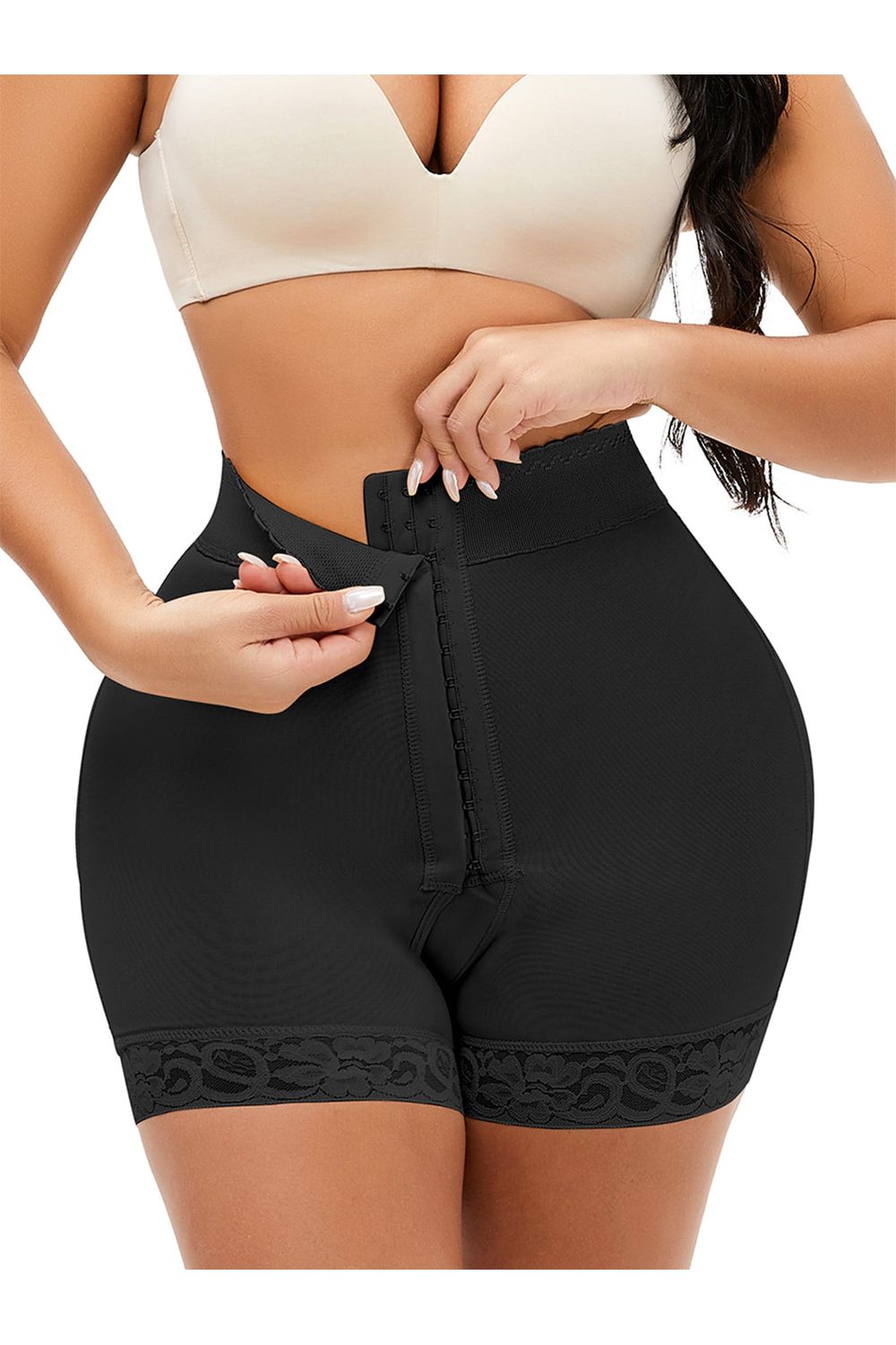 Full Size Lace Detail Hook-and-Eye Shaping Shorts