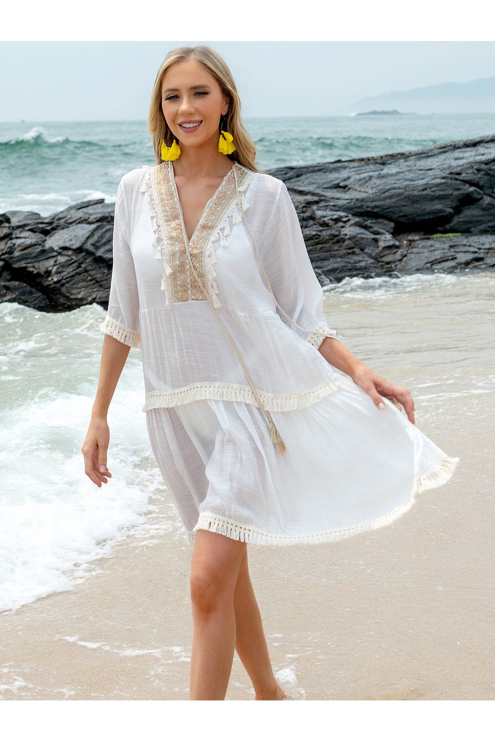 Tassel Lace Detail Half Sleeve Cover-Up Dress